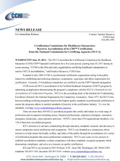 Certification Commission for Healthcare Interpreters Receives Accreditation of its CHI™ Certificationfrom the National Commission for Certifying Agencies (NCCA)